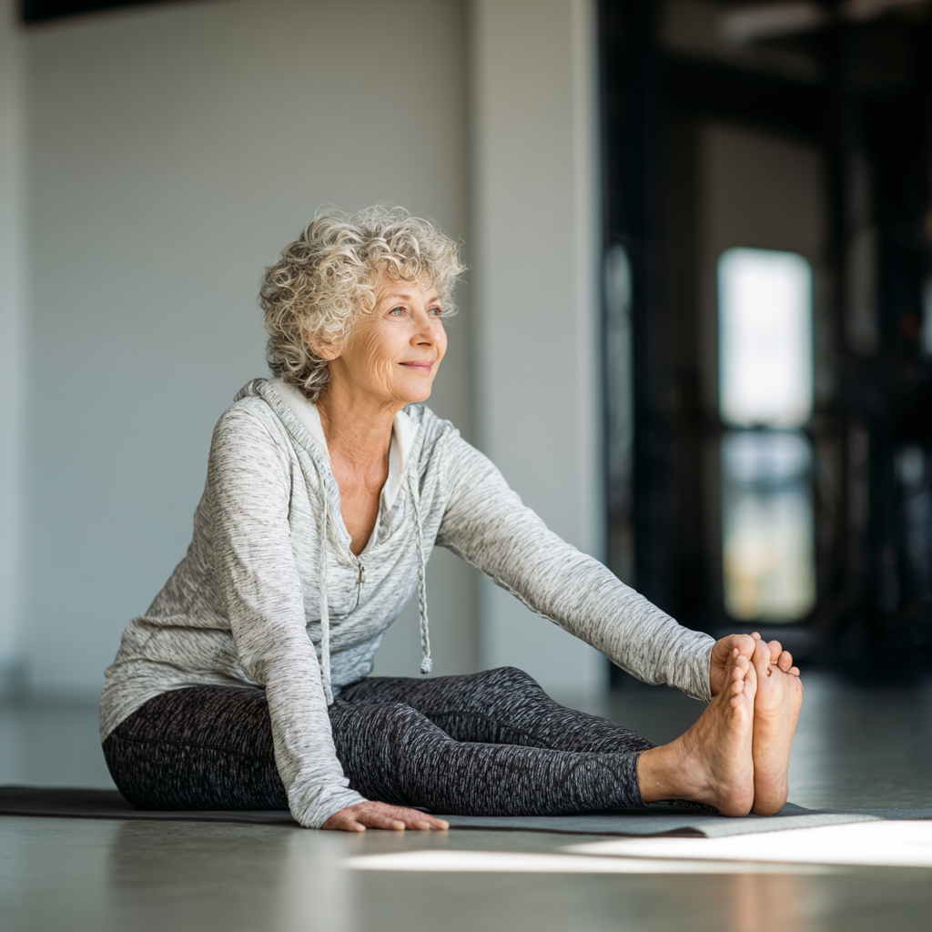 Older adult demonstrating improved flexibility during gentle stretching routine